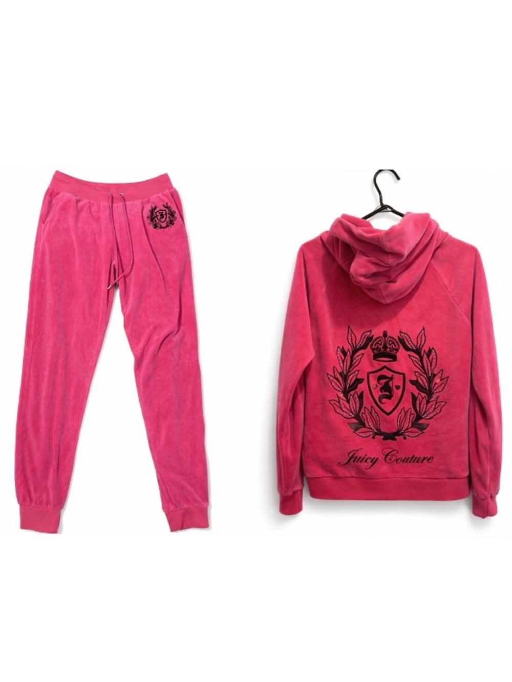 Vintage 2000s Juicy Couture Hot Pink Velour Hoodie & Jogger Set with Black Crest